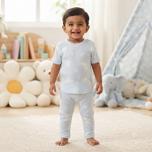 White Flower Print Premium ribbed pant Cordset (5year to 6year)