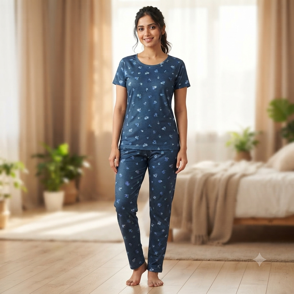 Dark Navy Floral Print Pyjamas (3XL)