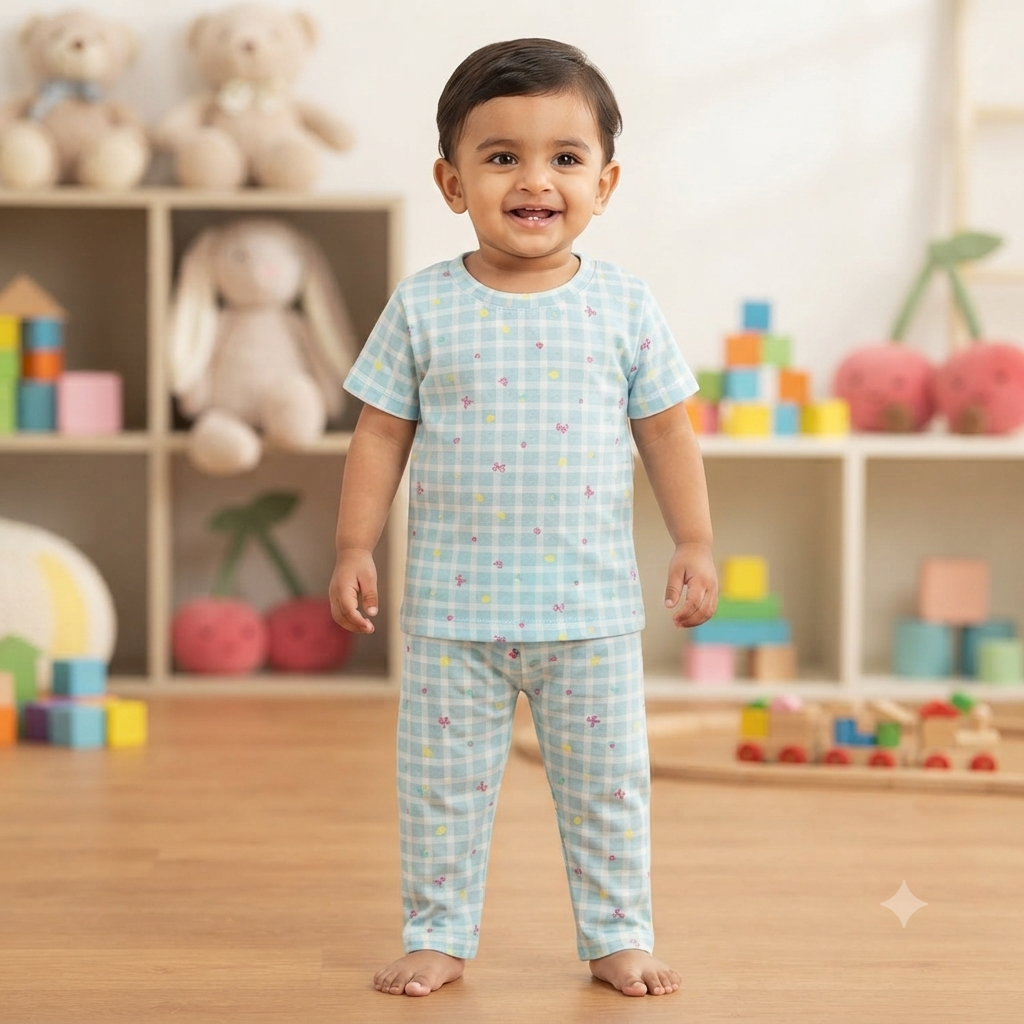 Blue Checkered Print Pant Set (1year to 2year)