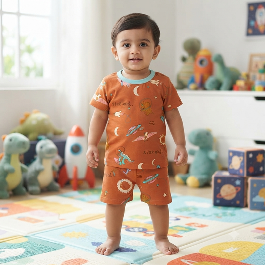 Orange Space Print Shorts Cordset (2year to 3year)