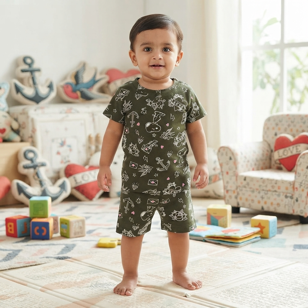Olive Green Print Shorts Cordset (2year to 3year)