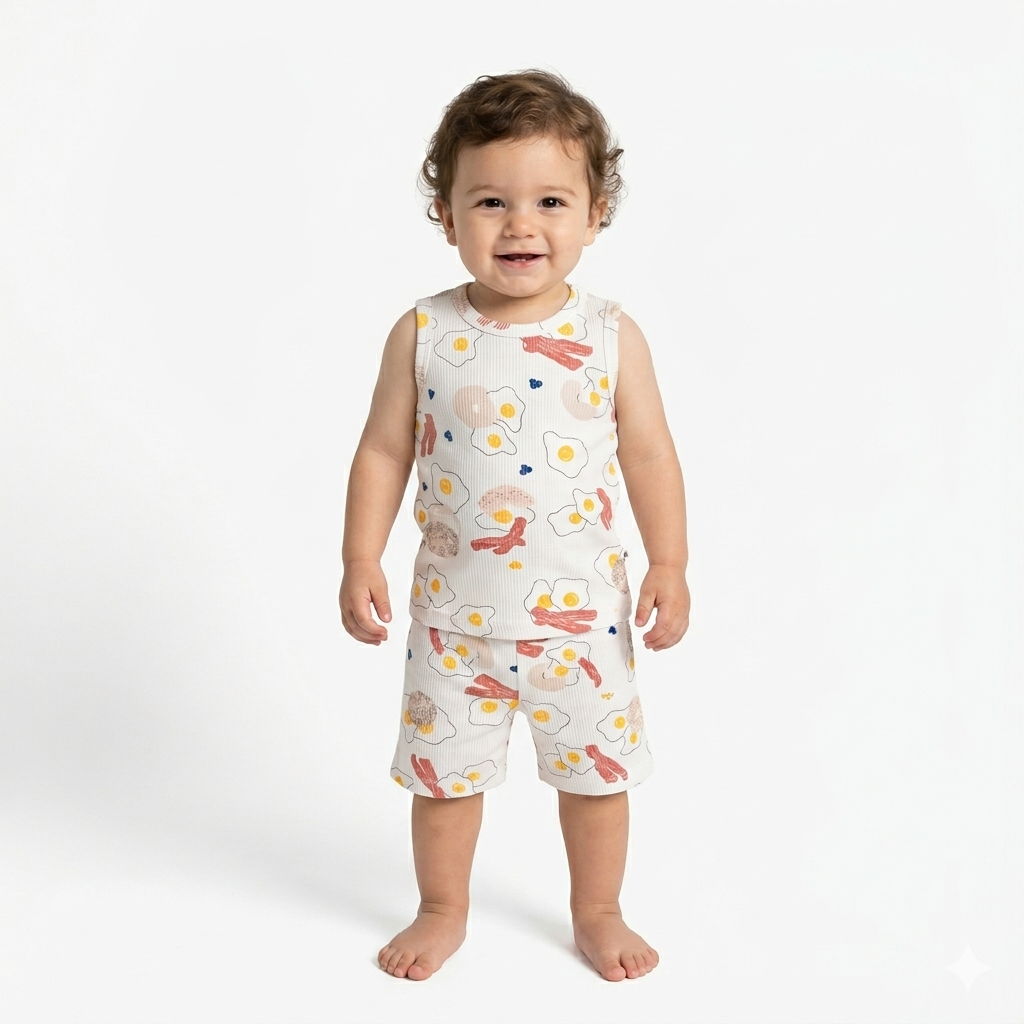 Unique egg Print premium ribbed sleeveless cordset (4year to 5year)