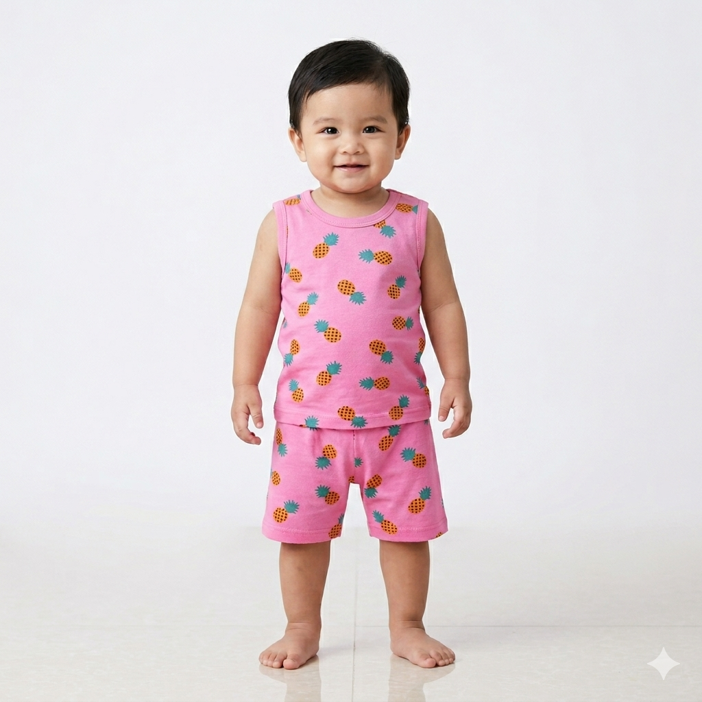 Pink Pineapple Print premium ribbed sleeveless cordset (4year to 5year)