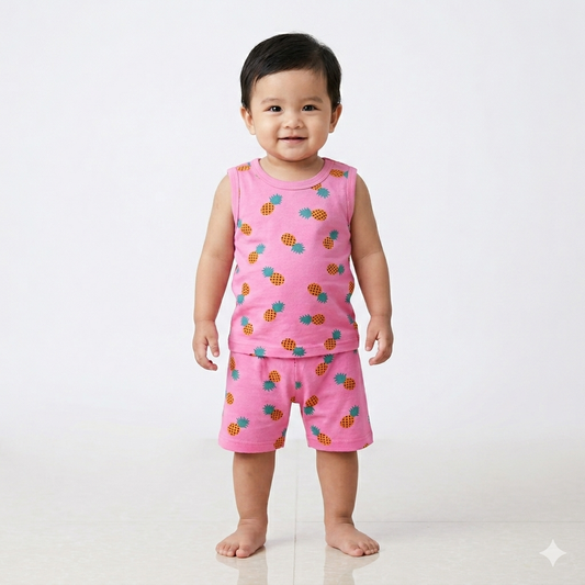 Pink Pineapple Print premium ribbed sleeveless cordset (4year to 5year)