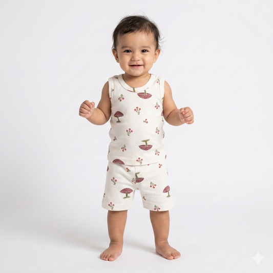 White Mushroom Print premium ribbed sleeveless cordset (4year to 5year)