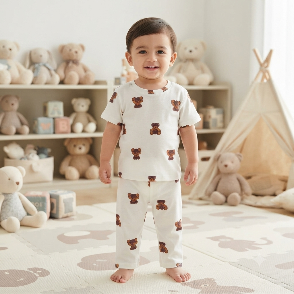White Teddy Print Premium Ribbed Pant Cordset (4year to 5year)