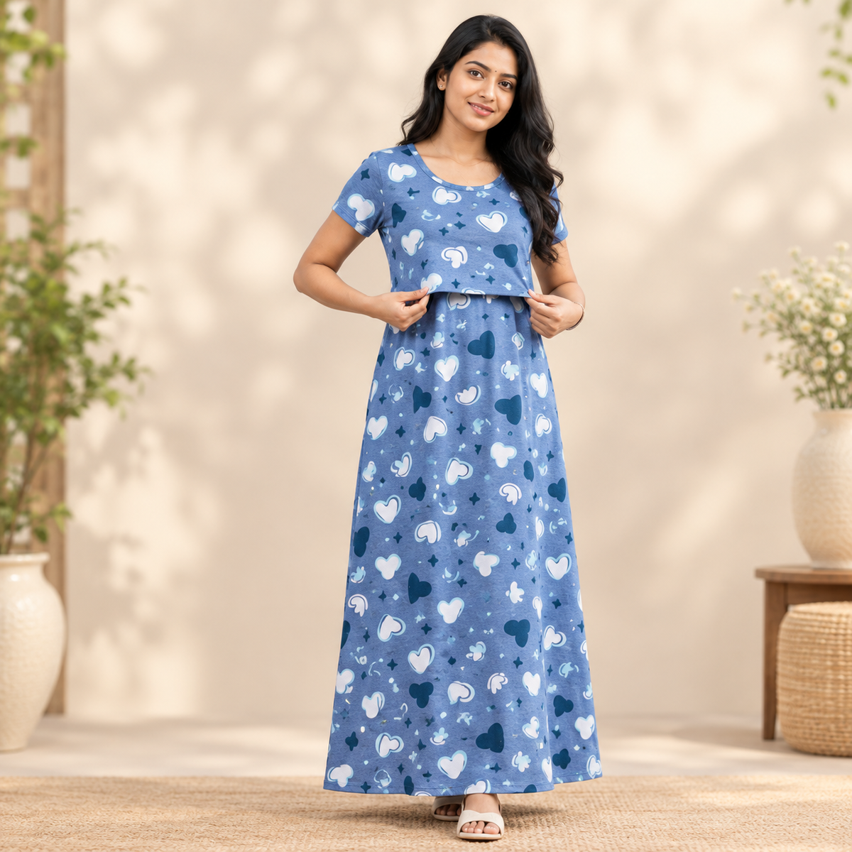 Blue Heart Print Zipless Feeding Loungewear (L)