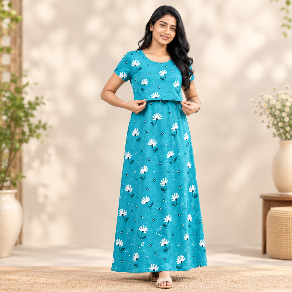 Blue with White Flower Print Zipless Feeding Loungewear (L)