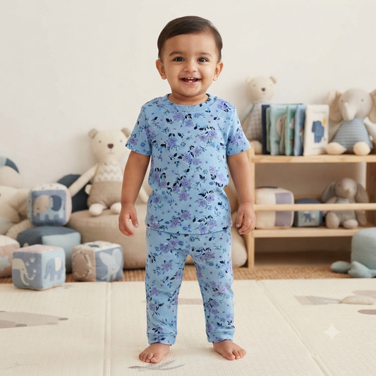 Blue Floral Premium Print Ribbed Pant Cordset (3year to 4year)