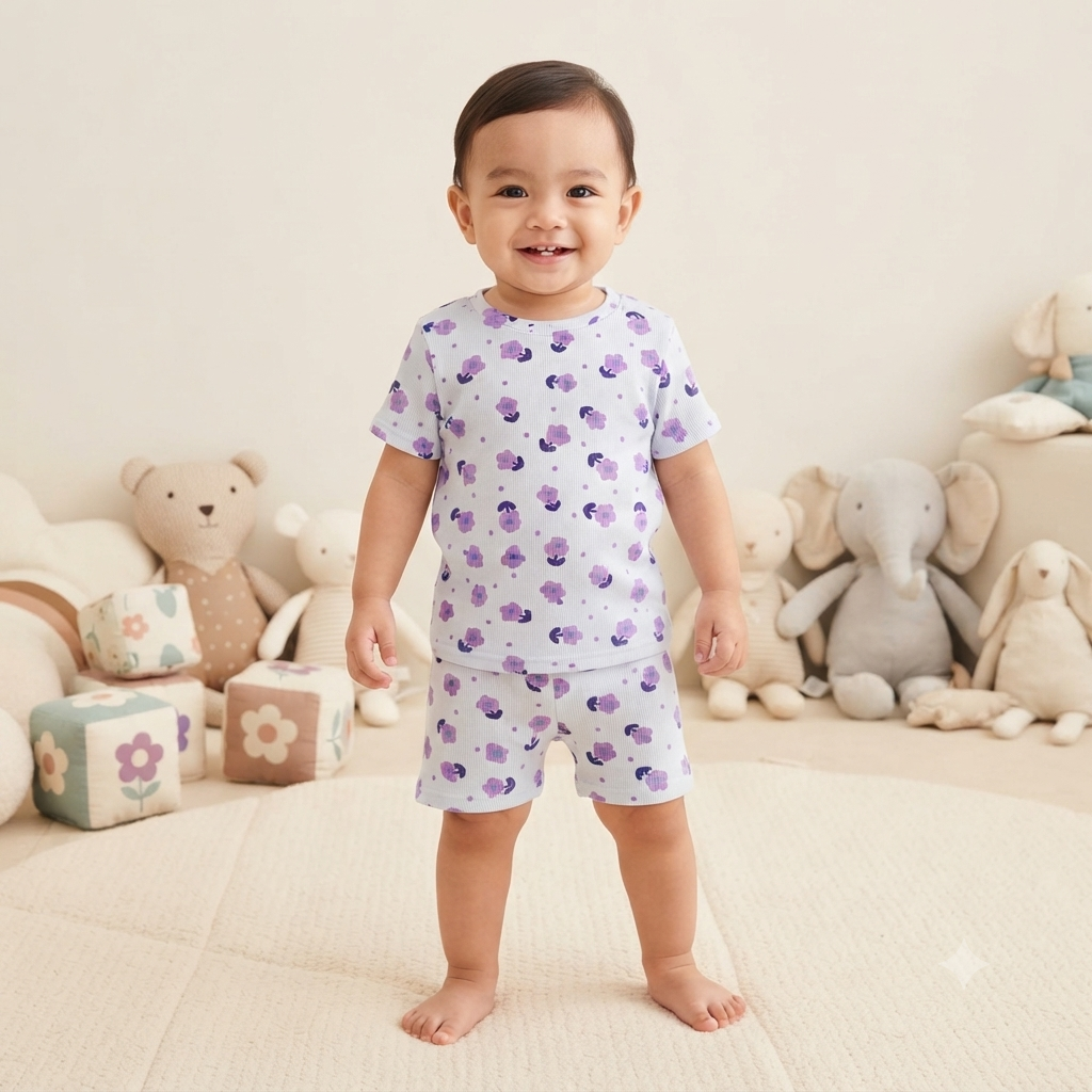 Cute Flower Print Premium Ribbed Shorts Cordset (1year to 2year)