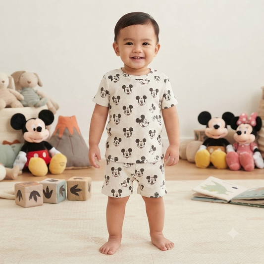 Cute Micky Print Premium Ribbed Shorts Cordset (3year to 4year)