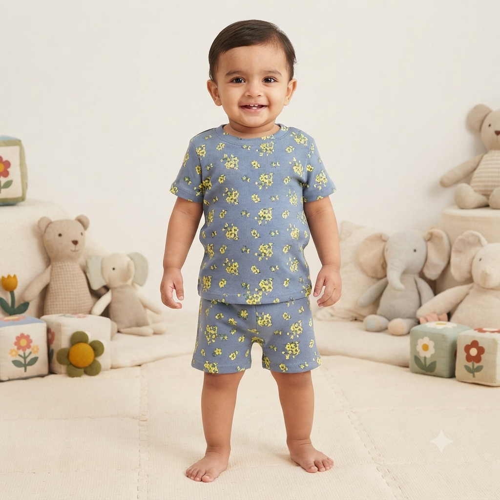 Yellow Flower Print Premium Ribbed Shorts Cordset (2year to 3year)