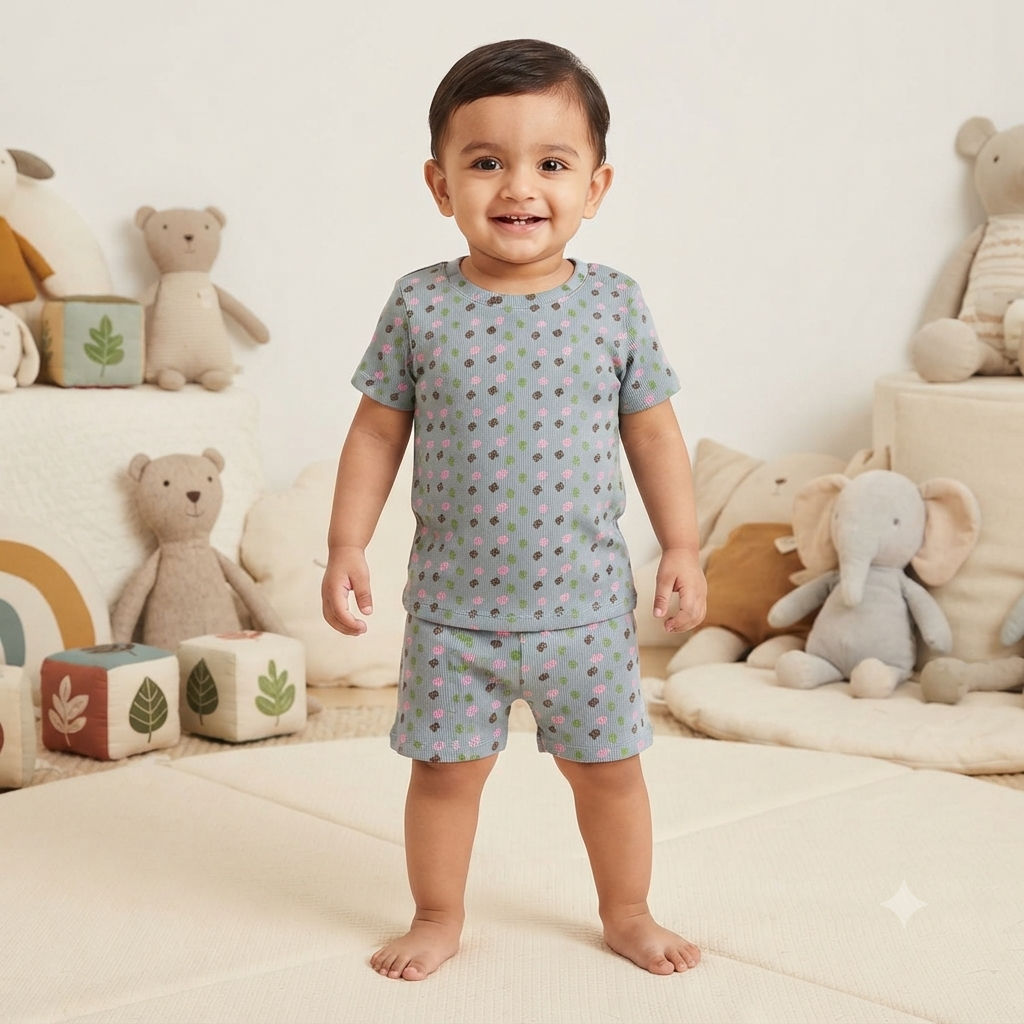 Mini Flower Print Premium Ribbed Shorts Cordset (2year to 3year)