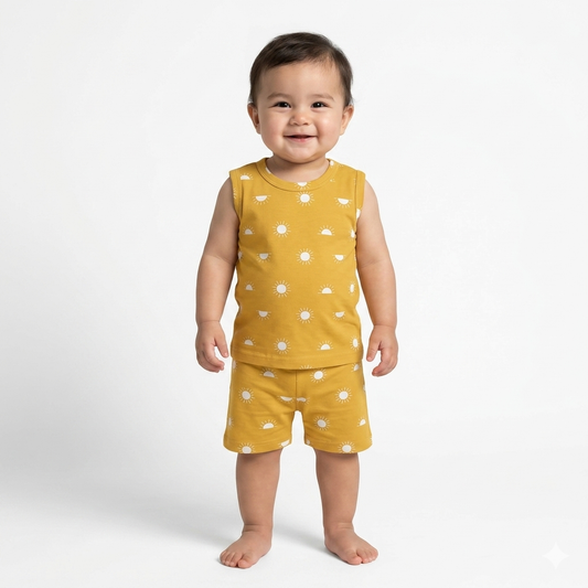 Yellow Sun Print Sleeveless Shorts Cordset (4year to 5year)