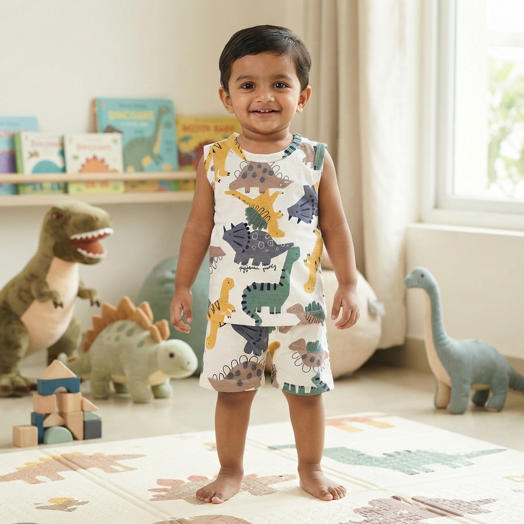 Little Dino Print Sleeveless Shorts Cordset (1year to 2year)