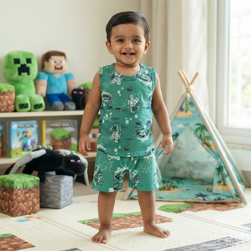 Green Robo Print Sleeveless Shorts Cordset (3year to 4year)