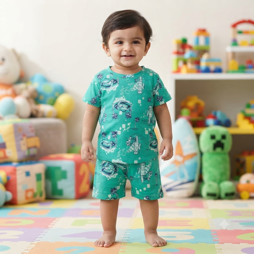 Green Robo Print Shorts Cordset (1year to 2year)