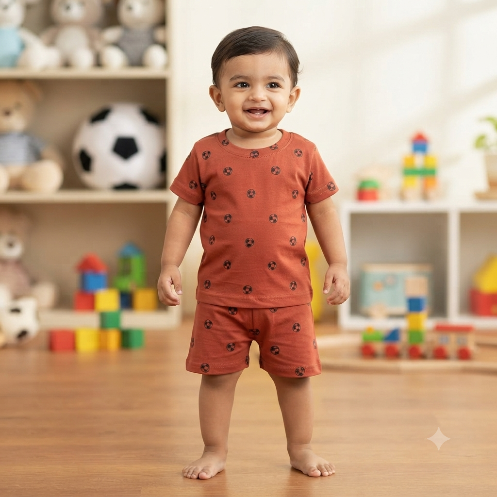 Maroon Foot Ball Print Shorts Cordset (2year to 3year)