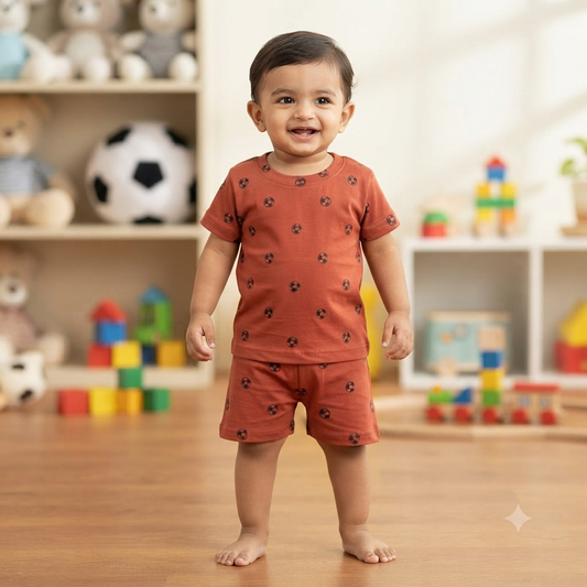 Maroon Foot Ball Print Shorts Cordset (2year to 3year)