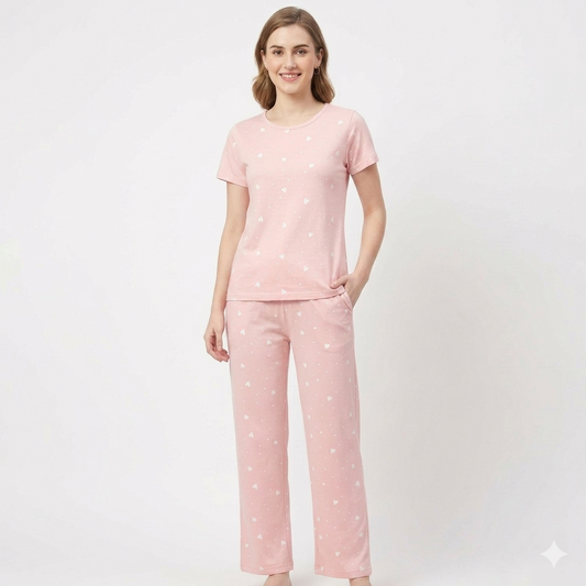 Pink With Heart Print Pyjamas
