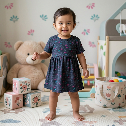 Navy and flower Kids printed frock ( 1year to 2years)