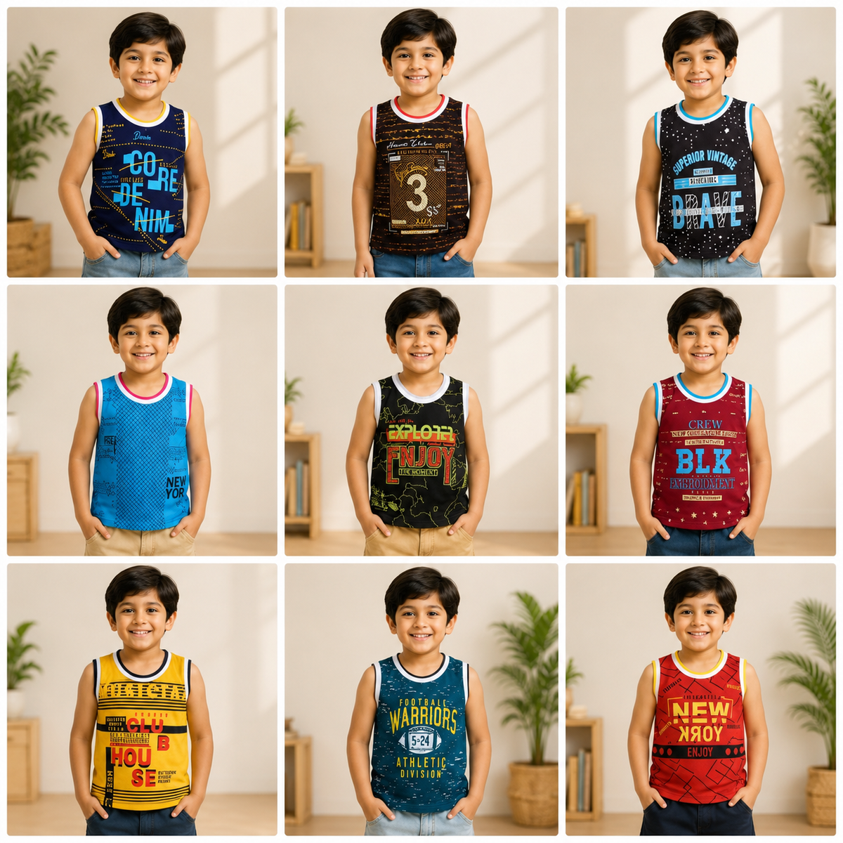Boys Sleeveless T-Shirt (Pack of 5)